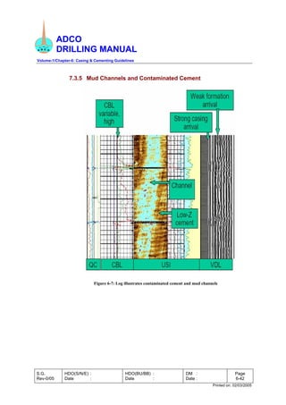 ADCO
DRILLING MANUAL
Volume-1/Chapter-6: Casing & Cementing Guidelines
S.G.
Rev-0/05
HDO(S/N/E) :
Date :
HDO(BU/BB) :
Date :
DM :
Date :
Page
6-42
Printed on: 02/03/2005
7.3.5 Mud Channels and Contaminated Cement
Figure 6-7: Log illustrates contaminated cement and mud channels
 