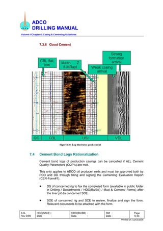 ADCO
DRILLING MANUAL
Volume-1/Chapter-6: Casing & Cementing Guidelines
S.G.
Rev-0/05
HDO(S/N/E) :
Date :
HDO(BU/BB) :
Date :
DM :
Date :
Page
6-43
Printed on: 02/03/2005
7.3.6 Good Cement
7.4 Cement Bond Logs Rationalization
Cement bond logs of production casings can be cancelled if ALL Cement
Quality Parameters (CQP’s) are met.
This only applies to ADCO oil producer wells and must be approved both by
PDD and DD through filling and signing the Cementing Evaluation Report
(CER-Form#1).
• DS of concerned rig to fax the completed form (available in public folder
in Drilling / Departments / HDO(Bu/Bb) / Mud & Cement/ Forms) after
the liner job to concerned SOE.
• SOE of concerned rig and SCE to review, finalize and sign the form.
Relevant documents to be attached with the form.
Figure 6-8: Log illustrates good cement
 