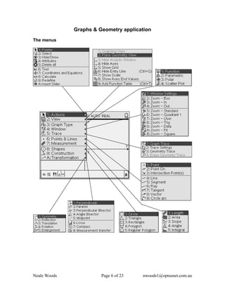 Graphs & Geometry application

The menus




Neale Woods             Page 6 of 23   nwoods1@optusnet.com.au
 