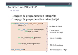 Architecture d’OpenERP
18
Python
• Langage de programmation interprété
• Langage de programmation orienté objet
class nom_classe_fille(nom_classe_mere):
attribut1 =
...
Attribut de classe
...
def __init__(self): # constructeur
self.nom = ‘Karim’
….
def obj_method(self, params):
…..
def classe_method(params):
…..
non_classe_fille()
Constructeur
+attribut de l’objet
Méthode d’objet
Méthode statique
Instanciation de l’objet
 
