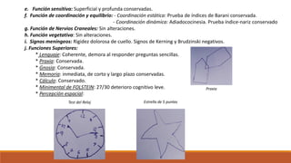 e. Función sensitiva: Superficial y profunda conservadas.
f. Función de coordinación y equilibrio: - Coordinación estática: Prueba de índices de Barani conservada.
- Coordinación dinámica: Adiadococinesia. Prueba índice-nariz conservado
g. Función de Nervios Craneales: Sin alteraciones.
h. Función vegetativa: Sin alteraciones.
i. Signos meníngeos: Rigidez dolorosa de cuello. Signos de Kerning y Brudzinski negativos.
j. Funciones Superiores:
* Lenguaje: Coherente, demora al responder preguntas sencillas.
* Praxia: Conservada.
* Gnosia: Conservada.
* Memoria: inmediata, de corto y largo plazo conservadas.
* Cálculo: Conservado.
* Minimental de FOLSTEIN: 27/30 deterioro cognitivo leve.
* Percepción espacial:
Praxia
Test del Reloj Estrella de 5 puntas
 