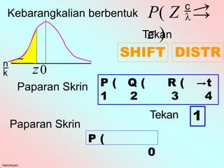 Kebarangkalian berbentuk P( Z 
z )
 z0

Tekan
SHIFT DISTR
Paparan Skrin P ( Q ( R ( t
1 2 3 4
Tekan
0
Hairulnizam
1
Paparan Skrin
P (
 