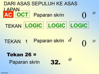 DARI ASAS SEPULUH KE ASAS
LAPAN
Hairulnizam
AC OCT
TEKAN LOGIC LOGIC
LOGIC
Paparan skrin
TEKAN 1
0 o
d
Tekan 26 =
Paparan skrin 32.
o
Paparan skrin 0 o
 