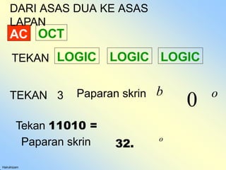 AC
Hairulnizam
OCT
TEKAN LOGIC LOGIC
LOGIC
Paparan skrin
TEKAN 3
0 o
b
Tekan 11010 =
Paparan skrin 32.
o
DARI ASAS DUA KE ASAS
LAPAN
 