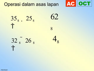 Operasi dalam asas lapan
Hairulnizam
AC OCT
358  258

62
8
32 8  26 8

48
 