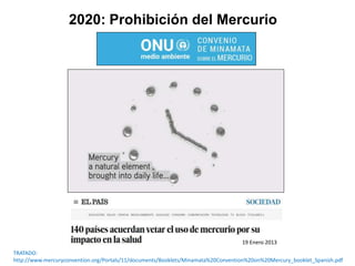 2020: Prohibición del Mercurio
TRATADO:
http://www.mercuryconvention.org/Portals/11/documents/Booklets/Minamata%20Convention%20on%20Mercury_booklet_Spanish.pdf
19 Enero 2013
 