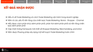 11/14/2017 19
Channel strategy
Research for Trade
Marketing
Category
management
Merchandising &
POSM
Trade MKT Foundation
KẾT QUẢ NHẬN ĐƯỢC
❖ Hiểu rõ về Trade Marketing và cách Trade Marketing vận hành trong doanh nghiệp
❖ Nắm rõ các yếu tố nền tảng của chiến lược Trade Marketing: Brand – Shopper – Channel
❖ Hiểu được cách phân khúc kênh phân phối, phân tích kênh phân phối và nền tảng chiến
lược kênh phân phối
❖ Cập nhật những framework mới nhất về Shopper Marketing, Merchandising, promotion
❖ Nắm được Phương pháp xây dựng một kế hoạch Trade Marketing hoàn chỉnh
Finance for
non-finance manager
Trade Promotion
& Sales cycle planning
 
