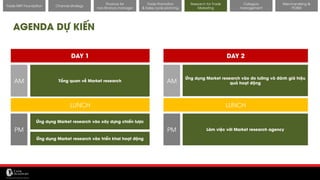 11/14/2017 48
Channel strategy
Finance for
non-finance manager
Trade Promotion
& Sales cycle planning
Research for Trade
Marketing
Category
management
Merchandising &
POSM
Trade MKT Foundation
AGENDA DỰ KIẾN
DAY 1 DAY 2
Tổng quan về Market research
Ứng dụng Market research vào xây dựng chiến lược
Ứng dụng Market research vào triển khai hoạt động
Ứng dụng Market research vào đo lường và đánh giá hiệu
quả hoạt động
Làm việc với Market research agency
AM
PM
AM
PM
LUNCH LUNCH
 
