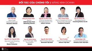 Nguyễn Minh Hùng
Account Manager Sales
force solution
Nielsen
ĐỐI TÁC CỦA CHÚNG TÔI | MẢNG KINH DOANH
Hứa Thái Đạt Đào Trọng LượngNguyễn Thị Minh Nhã
Senior Trade
Marketing Manager
Heineken Vietnam
Channel Development
Manager & Head of GT
Abbott Vietnam
Head of Shopper & Channel-
led Innovation Manager
Friedsland Campina
Đồng Thị Thanh Hiền
Director
DKSH Smollan Field
Marketing Vietnam
Bùi Thị Thanh Hà
Managing Director
Coaching Perfect Co.ltd
Nguyễn Lãm Nguyệt Kiều
Associate Trade Marketing
Director
Masan Consumer
Nguyễn Đình Nhân
Merchandising Manager
Beiersdorf Việt Nam
Đinh Thị Hòa
Former Finance Manager
Unilever Việt Nam
Dương Ngọc Hải
Business Analysis Manager
Kimberly Clark Việt Nam
 