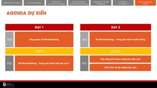 11/14/2017 61
Channel strategy
Finance for
non-finance manager
Trade Promotion
& Sales cycle planning
Research for Trade
Marketing
Category
management
Merchandising &
POSM
Trade MKT Foundation
AGENDA DỰ KIẾN
DAY 1 DAY 2
Tổng quan về MerchandisingAM
PM
AM
PM
LUNCH LUNCH
GT Merchandising – Trưng bày kênh truyền thống
Xây dựng kế hoạch trưng bày hiệu quả
MT Merchandising – Trưng bày kênh hiện đại part 1
Triển khai và đo lường hiệu quả
 