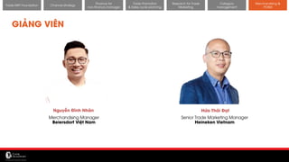 11/14/2017 62
Channel strategy
Finance for
non-finance manager
Trade Promotion
& Sales cycle planning
Research for Trade
Marketing
Category
management
Merchandising &
POSM
Trade MKT Foundation
Hứa Thái Đạt
Senior Trade Marketing Manager
Heineken Vietnam
Nguyễn Đình Nhân
Merchandising Manager
Beiersdorf Việt Nam
GIẢNG VIÊN
 