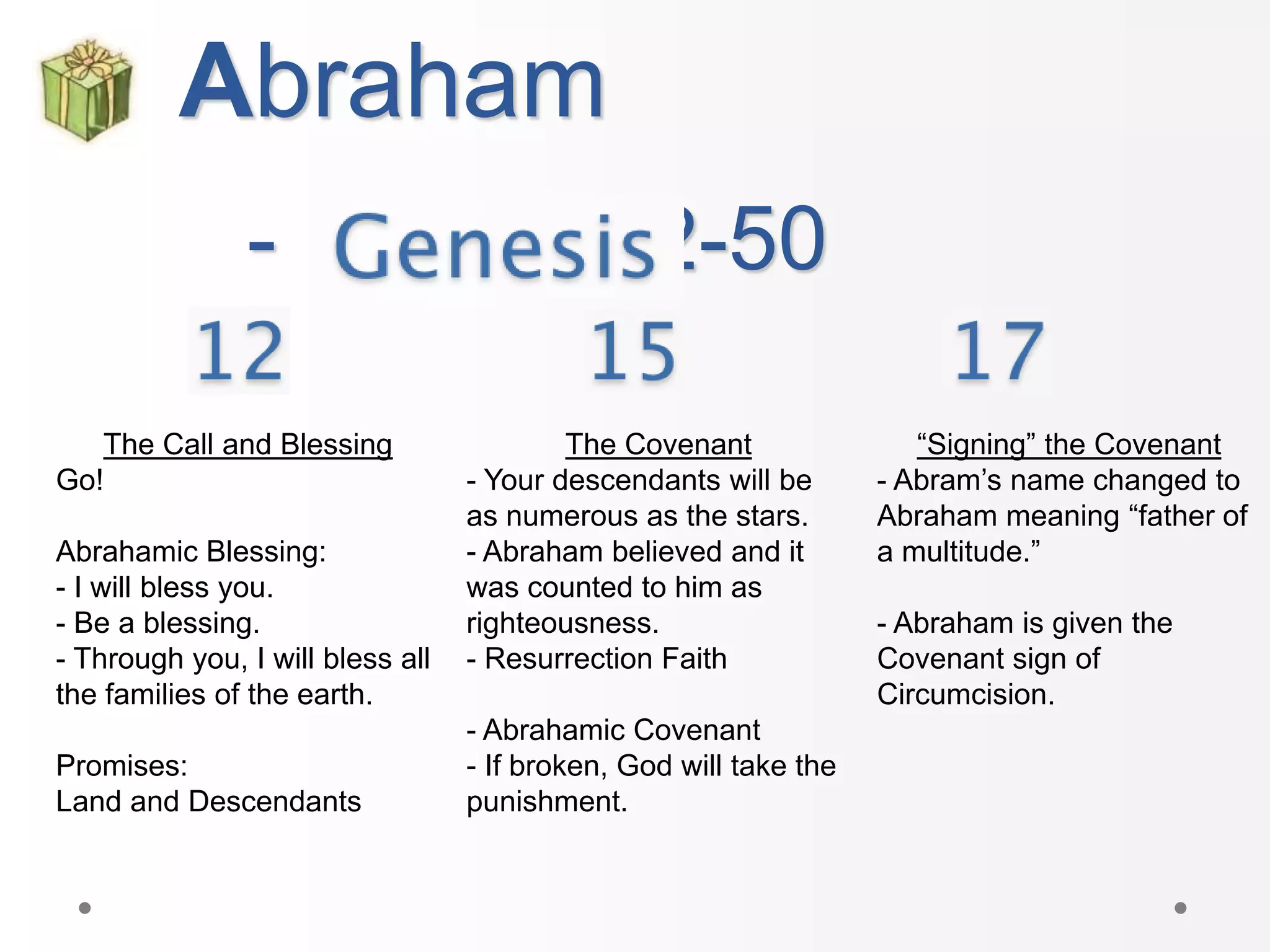 - 12-50
Abraham
The Call and Blessing
Go!
Abrahamic Blessing:
- I will bless you.
- Be a blessing.
- Through you, I will bless all
the families of the earth.
Promises:
Land and Descendants
The Covenant
- Your descendants will be
as numerous as the stars.
- Abraham believed and it
was counted to him as
righteousness.
- Resurrection Faith
- Abrahamic Covenant
- If broken, God will take the
punishment.
“Signing” the Covenant
- Abram’s name changed to
Abraham meaning “father of
a multitude.”
- Abraham is given the
Covenant sign of
Circumcision.
 