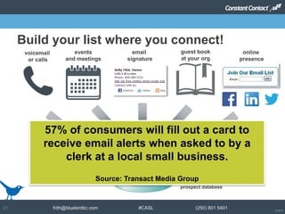 © 2014
frith@bluebirdbc.com #CASL (250) 801 540131
Build your list where you connect!
customer &
prospect database
voicemail
or calls
events
and meetings
email
signature
guest book
at your org
online
presence
57% of consumers will fill out a card to
receive email alerts when asked to by a
clerk at a local small business.
Source: Transact Media Group
 