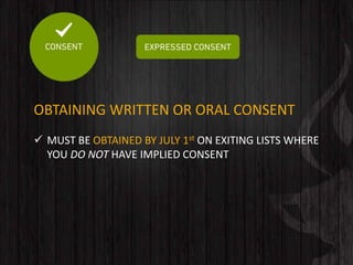 OBTAINING WRITTEN OR ORAL CONSENT
 MUST BE OBTAINED BY JULY 1st ON EXITING LISTS WHERE
YOU DO NOT HAVE IMPLIED CONSENT
 