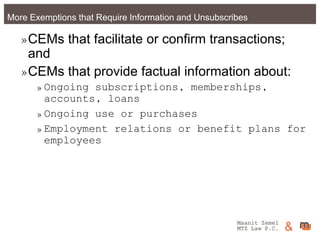 Maanit Zemel
MTZ Law P.C. &More Exemptions that Require Information and Unsubscribes
»CEMs that facilitate or confirm tran...