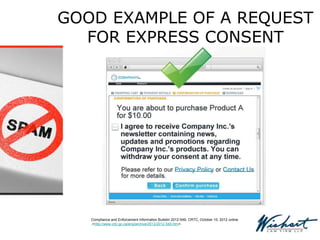 GOOD EXAMPLE OF A REQUEST
FOR EXPRESS CONSENT
Compliance and Enforcement Information Bulletin 2012-549, CRTC, October 10, 2012 online
,<http://www.crtc.gc.ca/eng/archive/2012/2012-549.htm>.
 