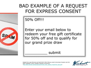 BAD EXAMPLE OF A REQUEST
FOR EXPRESS CONSENT
50% Off!!!
Enter your email below to
redeem your free gift certificate
for 50% off and to qualify for
our grand prize draw
__________ submit
Adapted from Jason McLinton and Scott Smith “CASL What you need to know about Canada’s new Anti-
Spam Legislation” online: Canadian Chamber of Commerce:
<http://www.chamber.ca/resources/casl/140129_CASL_webinar_PowerPoint_deck.pdf>.
 
