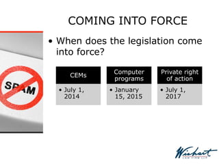 COMING INTO FORCE
• When does the legislation come
into force?
CEMs
• July 1,
2014
Computer
programs
• January
15, 2015
Private right
of action
• July 1,
2017
 