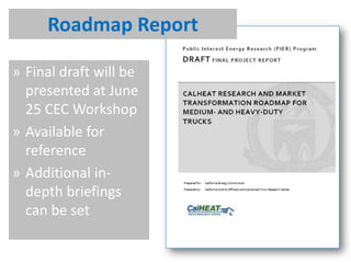 » Final draft will be
presented at June
25 CEC Workshop
» Available for
reference
» Additional in-
depth briefings
can be set
Roadmap Report
 