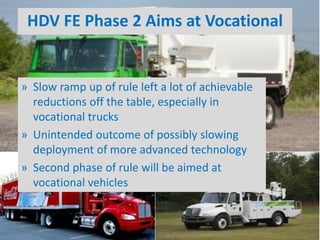 HDV FE Phase 2 Aims at Vocational
» Slow ramp up of rule left a lot of achievable
reductions off the table, especially in
vocational trucks
» Unintended outcome of possibly slowing
deployment of more advanced technology
» Second phase of rule will be aimed at
vocational vehicles
 