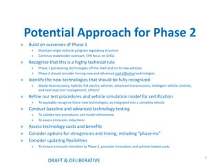 Potential Approach for Phase 2
» Build on successes of Phase 1
» Maintain single national program regulatory structure
» Continue stakeholder outreach, EPA focus on GHGs
» Recognize that this is a highly technical rule
» Phase 1 got existing technologies off the shelf and on to new vehicles
» Phase 2 should consider forcing new and advanced cost-effective technologies
» Identify the new technologies that should be fully recognized
» Waste-heat recovery, hybrids, full electric vehicles, advanced transmissions, intelligent vehicle controls,
and heat rejection management, others?
» Refine our test procedures and vehicle simulation model for certification
» To equitably recognize these new technologies; as integrated into a complete vehicle
» Conduct baseline and advanced technology testing
» To validate test procedures and model refinements
» To assess emissions reductions
» Assess technology costs and benefits
» Consider options for stringencies and timing, including “phase-ins”
» Consider updating flexibilities
» To ensure a smooth transition to Phase 2, promote innovation, and achieve lowest costs
6
DRAFT & DELIBERATIVE
 