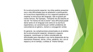 En la estructuración espacial, los niños podrán presentar
una o más dificultades que se señalarán a continuación:
en la escritura espontánea un irá o separará palabras sin
respetar la estructura del lenguaje, sólo se guiará por
claves fónicas, Por Ejemplo, “mimamá me dio laleche en
vez de “mi mamá me dio la leche” esta dificultad puede
darse tanto en el lenguaje oral como en la escritura
espontánea y se caracteriza por exhibir problemas de
concordancia en género, número o conjugación verbal.
En general, las complicaciones presentadas en el ámbito
de la estructuración espacial, temporal o espacio-
temporal, constituyen un índice considerable de
dificultades para reproducir una cierta disposición de los
elementos (fonemas, letras, cifras, palabras, etc.) en el
espacio y en el tiempo, o ambas al mismo tiempo.
 