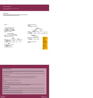 Regressionsanalyse
Wir untersuchen, wie stark der Einfluss der Anzahl Sitzungen auf die Anzahl
Ereignisse Email Verifizierung ist.
Regressionsanalyse:
Wir wollen herausfinden, wie stark der Einfluss der unabhängigen Variable Anzahl Sitzungen
auf die abhängige Variable Ereignis Email Verifizierungen ist.
Manuelles Kommentarfeld:
Wenn wir wissen wie stark die unabhängige Variable Anzahl Sitzungen die abhängige Variable Ereignis Email Verifizierungen beeinflusst, gibt uns dies interessante
Informationen darüber, wie erfolgreich eine bezahlte Kampagne, welche Nutzer auf die Landingpage bringt, die Sitzungen generieren, bezüglich der Generierung des
Ereignisses Email Verifizierung sein wird.
Diese Informationen helfen bei der Definition der richtigen Budgethöhe für eine solche Kampagne, weil ein eigentlicher ROI als Ziel im Voraus berechnet werden kann.
Modellzusammenfassung
R = Korrelationskoeffizent: Ist mit 0.808 sehr hoch Es besteht also ein hoher Zusammenhang zwischen den Anzahl Sitzungen und dem Ereignis Email Verifizierung.
R-Quadrat ist immer ein Wert zwischen 0 und 1. Gibt an wie sehr die abhängige Variable durch die unabhängige Variable erklärt wird. Hier sind es 80%.
ANOVA
Signifikanz der Berechnung. Das Ergebnis hat eine statistische Signifikanz von 0,99%.
Koe?zienten
Das Ergebnis für die unabhängige Variable Sitzung ist zu 0,99% signifikant.
Erfolgt auf der Landingpage eine Sitzung, liegt die Wahrscheinlichkeit, dass der Nutzer während der Sitzung das Ereignis Email Verifizierung auslöst bei 44,7%. Das
heisst: Eine bezahlte Kampagne die 100 Sitzungen generiert, sollte 44 Ereignisse Email Verifizierung generieren.
Handlungsempfehlung:
Das berechnete Ergebnis der Regressionsanalyse hat eine statistische Signifikanz. Das Ergebnis ist deshalb aussagekräftig und könnte bereits in der Budgetplanung
berücksichtigt werden.
Die Empfehlung ist aber, weitere Daten zu sammeln und monatlich eine solche Regressionsanalyse durchzuführen. Das Ergebnis der Reressionsanalyse soll weiter
durch Daten erhärtet werden, weil die Landingpage noch nicht lange aktiviert. ist.
Ebenfalls soll durch die weitere Datensammlung und Analyse herausgefunden werden, ob es noch spezielle grosse saisonale Schwankungen gibt. Diese Information
könnte für die Budgetplanung des kommenden Jahres berücksichtigt werden.
Oliver: Die
Signifikanz ist
beider
Variablen
Sitzungen
gegeben (die
unabhängige
Variable). Bei
der
Konstanten
(abhängige
Variable)
nicht. .... Spielt
dies eine
Rolle?
CAS MA, ZHAW, Juni 2023
Leistungsnachweis 2
Tobias Schweizer
Datenquellen:
Google Analytics Account
Berechnung mit SPSS Statistic
 