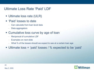 Ultimate Loss Rate ‘Paid’ LDF Ultimate loss rate (ULR) ‘ Paid’ losses to date Can calculate from loan level data Data aggregators Cumulative loss curve by age of loan Reciprocal of cumulative LDF Examples on next slide What % of the losses should we expect to see at a certain loan age Ultimate loss = ‘paid’ losses / % expected to be ‘paid’ May 5, 2009 