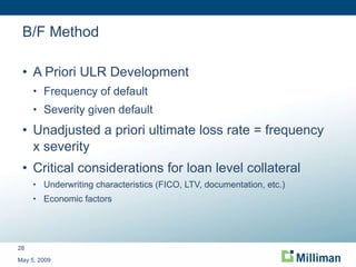 B/F Method A Priori ULR Development Frequency of default Severity given default Unadjusted a priori ultimate loss rate = frequency x severity Critical considerations for loan level collateral Underwriting characteristics (FICO, LTV, documentation, etc.) Economic factors May 5, 2009 