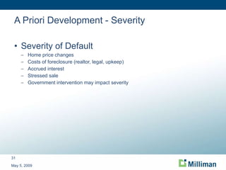 A Priori Development - Severity Severity of Default Home price changes Costs of foreclosure (realtor, legal, upkeep) Accrued interest Stressed sale Government intervention may impact severity May 5, 2009 