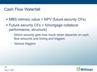 Cash Flow Waterfall MBS intrinsic value = NPV (future security CFs) Future security CFs = f(mortgage collateral performance, structure) Which security gets how much when depends on cash flow amounts and timing and triggers Various triggers May 5, 2009 