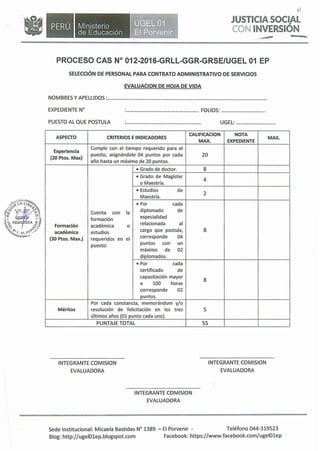 •Ministerio
de Educación
ol
JUSTICIA SOCIAL
CON INVERSIÓN
--
PROCESO CAS Nº 012-2016-GRLL-GGR-GRSE/UGEL 01 EP
SELECCIÓN DE PERSONAL PARA CONTRATO ADMINISTRATIVO DE SERVICIOS
EVALUACION DE HOJA DE VIDA
NOMBRES Y APELLIDOS: .
EXPEDIENTENº
PUESTO AL QUE POSTULA
: FOLIOS: .
UGEL: .
ASPECTO CRITERIOS E INDICADORES
CALIFICACION NOTA
MAX.
MAX. EXPEDIENTE
Experiencia
Cumple con el tiempo requerido para el
(20 Ptas. Max)
puesto, asignándole 04 puntos por cada 20
año hasta un máximo de 20 puntos.
• Grado de doctor. 8
• Grado de Magíster
4
o Maestría.
• Estudios de
2
Maestría.
• Por cada
Cuenta con la
diplomado de
formación
especialidad
Formación académica o
relacionada al
académica estudios
cargo que postula, 8
(30 Ptas. Max.) requeridos en el
corresponde 04
puesto:
puntos con un
máximo de 02
diplomados.
• Por cada
certificado de
capacitación mayor
8
a 100 horas
corresponde 02
puntos.
Por cada constancia, memorándum y/o
Méritos resolución de felicitación en los tres 5
últimos años (01 punto cada uno).
PUNTAJE TOTAL 55
INTEGRANTE COMISION
EVALUADORA
INTEGRANTE COMISION
EVALUADORA
INTEGRANTE COMISION
EVALUADORA
Sede Institucional: Micaela Bastidas Nº 1389 - El Porvenir - Teléfono 044-319523
Blog: http://ugelOlep.blogspot.com Facebook: https://www.facebook.com/ugelOlep
 