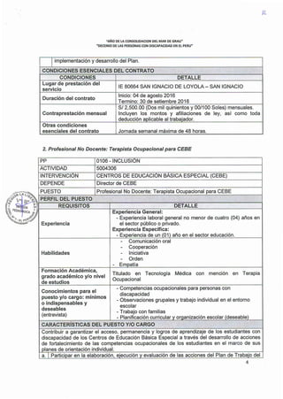 "AÑO DE LA CONSOLIDACION DEL MAR DE GRAU"
"DECENIO DE LAS PERSONAS CON DISCAPACIDAD EN EL PERU"
n..
I implementación y desarrollo del Plan.
CONDICIONES ESENCIALES DEL CONTRATO
... "' "
.
CONDICIONES DETALLE
Lugar de prestación del
IE 80664 SAN IGNACIO DE LOYOLA- SAN IGNACIO
servicio
Duración del contrato
Inicio: 04 de agosto 2016
Termino: 30 de setiembre 2016
S/ 2,500.00 (Dos mil quinientos y 00/100 Soles) mensuales.
Contraprestación mensual Incluyen los montos y afiliaciones de ley, así como toda
deducción aplicable al trabaiador.
Otras condiciones
esenciales del contrato Jornada semanal máxima de 48 horas.
2. Profesional No Docente: Terapista Ocupacional para CEBE
pp 0106 - INCLUSIÓN
ACTIVIDAD 5004306
INTERVENCIÓN CENTROS DE EDUCACIÓN BÁSICA ESPECIAL (CEBE)
DEPENDE Director de CEBE
PUESTO Profesional No Docente: Terapista Ocupacional para CEBE
PERFIL DEL PUESTO
,.
..,
REQUISITOS DETALLE
Experiencia General:
- Experiencia laboral general no menor de cuatro (04) años en
Experiencia el sector público o privado.
Experiencia Específica:
- Experiencia de un (01) año en el sector educación.
- Comunicación oral
- Cooperación
Habilidades - Iniciativa
- Orden
- Ernoatía
Formación Académica,
Titulado en Tecnología Médica con mención en Terapia
grado académico y/o nivel
de estudios
Ocupacional
Conocimientos para el
- Competencias ocupacionales para personas con
puesto y/o cargo: mínimos
discapacidad
o indispensables y
- Observaciones grupales y trabajo individual en el entorno
escolar
deseables
- Trabajo con familias
(entrevista)
- Planificación curricular v oraanización escolar (deseable)
CARACTERÍSTICAS DEL PUESTO Y/O CARGO
Contribuir a garantizar el acceso, permanencia y logros de aprendizaje de los estudiantes con
discapacidad de los Centros de Educación Básica Especial a través del desarrollo de acciones
de fortalecimiento de las competencias ocupacionales de los estudiantes en el marco de sus
planes de orientación individual.
a. 1
Participar en la elaboración, ejecución v evaluación de las acciones del Plan de Trabajo del
4
 