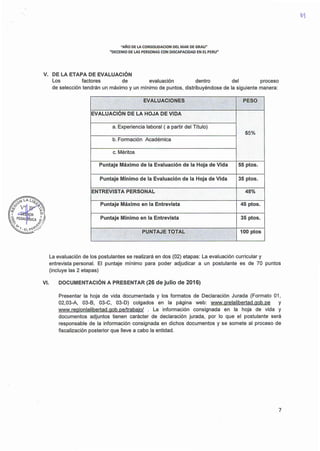 "AÑO DE LA CONSOLIDACION DEL MAR DE GRAU"
"DECENIO DE LAS PERSONAS CON DISCAPACIDAD EN EL PERU"
V. DE LA ETAPA DE EVALUACIÓN
Los factores de evaluación dentro del proceso
de selección tendrán un máximo y un mínimo de puntos, distribuyéndose de la siguiente manera:
' EVALUACIONES PESO
EVALUACIÓN DE LA HOJA DE VIDA
a. Experiencia laboral ( a partir del Título)
55%
b. Formación Académica
c. Méritos
Puntaje Máximo de la Evaluación de la Hoja de Vida 55 ptos.
Puntaje Mínimo de la Evaluación de la Hoja de Vida 35 ptos.
ENTREVISTA PERSONAL 45%
Puntaje Máximo en la Entrevista 45 ptos.
Puntaje Mínimo en la Entrevista 35 ptos.
PUNTAJE TOTAL
.,:., -,
100 ptos
,,
La evaluación de los postulantes se realizará en dos (02) etapas: La evaluación curricular y
entrevista personal. El puntaje mínimo para poder adjudicar a un postulante es de 70 puntos
(incluye las 2 etapas)
VI. DOCUMENTACIÓN A PRESENTAR (26 de julio de 2016)
Presentar la hoja de vida documentada y los formatos de Declaración Jurada (Formato 01,
02,03-A, 03-B, 03-C, 03-D) colgados en la página web: www.qrelalibertad.gob.pe y
www.reqionlalibertad.gob.pe/trabajo/ . La información consignada en la hoja de vida y
documentos adjuntos tienen carácter de declaración jurada, por lo que el postulante será
responsable de la información consignada en dichos documentos y se somete al proceso de
fiscalización posterior que lleve a cabo la entidad.
7
 
