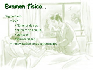 Segmentario VVP : Números de vías Número de bránula Ubicación Permeabilidad Inmovilización de las extremidades Examen físico… 