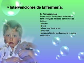 3.- Farmacoterapia Importancia de seguir el tratamiento farmacológico indicado por el médico indicar: horario Dosis vía de administración Duración preparación del medicamento (en caso necesario) Intervenciones de Enfermería: 