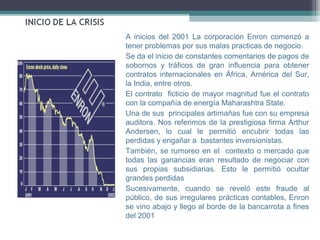 A inicios del 2001 La corporación Enron comenzó a
tener problemas por sus malas practicas de negocio.
Se da el inicio de constantes comentarios de pagos de
sobornos y tráficos de gran influencia para obtener
contratos internacionales en África, América del Sur,
la India, entre otros.
El contrato ficticio de mayor magnitud fue el contrato
con la compañía de energía Maharashtra State.
Una de sus principales artimañas fue con su empresa
auditora. Nos referimos de la prestigiosa firma Arthur
Andersen, lo cual le permitió encubrir todas las
perdidas y engañar a bastantes inversionistas.
También, se rumoreo en el contexto o mercado que
todas las ganancias eran resultado de negociar con
sus propias subsidiarias. Esto le permitió ocultar
grandes perdidas
Sucesivamente, cuando se reveló este fraude al
público, de sus irregulares prácticas contables, Enron
se vino abajo y llego al borde de la bancarrota a fines
del 2001
 
