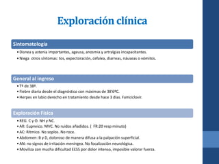 Exploración clínica
Sintomatología
•Disnea y astenia importantes, ageusa, anosmia y artralgias incapacitantes.
•Niega otros síntomas: tos, expectoración, cefalea, diarreas, náuseas o vómitos.
General al ingreso
•Tº de 38º.
•Fiebre diaria desde el diagnóstico con máximas de 38'6ºC.
•Herpes en labio derecho en tratamiento desde hace 3 días. Famciclovir.
Exploración Física
•REG. C y O. NH y NC.
•AR: Eupneico. MVC. No ruidos añadidos. ( FR:20 resp minuto)
•AC: Rítmico. No soplos. No roce.
•Abdomen: B y D, doloroso de manera difusa a la palpación superficial.
•AN: no signos de irritación meníngea. No focalización neurológica.
•Moviliza con mucha dificultad EESS por dolor intenso, imposible valorar fuerza.