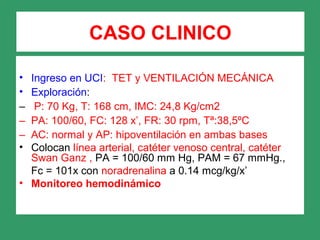 CASO CLINICO
• Ingreso en UCI: TET y VENTILACIÓN MECÁNICA
• Exploración:
– P: 70 Kg, T: 168 cm, IMC: 24,8 Kg/cm2
– PA: 100/60, FC: 128 x’, FR: 30 rpm, Tª:38,5ºC
– AC: normal y AP: hipoventilación en ambas bases
• Colocan línea arterial, catéter venoso central, catéter
Swan Ganz , PA = 100/60 mm Hg, PAM = 67 mmHg.,
Fc = 101x con noradrenalina a 0.14 mcg/kg/x’
• Monitoreo hemodinámico
 