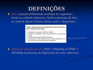 DEFINIÇÕES
 Sepse: resposta inflamatória sistêmica do organismo
frente ao estímulo infeccioso. Inclui a presença de dois
ou mais de alguns critérios clínicos para o diagnóstico
 Hipotensão induzida por sepse: PAS < 90mmHg ou PAD <
40mmHg na presença de hipotensão de causa infecciosa
(Boneet al. Chest1992; 101: 1644-55).
 