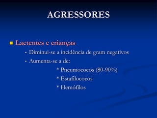 AGRESSORES
 Lactentes e crianças
• Diminui-se a incidência de gram negativos
• Aumenta-se a de:
* Pneumococos (80-90%)
* Estafilococos
* Hemófilos
 