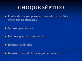 CHOQUE SÉPTICO
 Lesões da mucosa permitem entrada de bactérias
intestinais na circulação
 Necrose pancreática
 Hemorragias nas supra-renais
 Infartos na hipófise
 Infarto e focos de hemorragia no coração
 