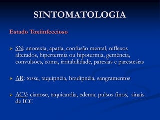 SINTOMATOLOGIA
Estado Toxiinfeccioso
 SN: anorexia, apatia, confusão mental, reflexos
alterados, hipertermia ou hipotermia, gemência,
convulsões, coma, irritabilidade, paresias e parestesias
 AR: tosse, taquipnéia, bradipnéia, sangramentos
 ACV: cianose, taquicardia, edema, pulsos finos, sinais
de ICC
 