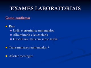 EXAMES LABORATORIAIS
Como confirmar
 Rim
 Uréia e creatinina aumentados
 Albuminúria e leucociúria
 Urocultura: mais em sepse tardia
 Transaminases: aumentadas ?
 Afastar meningite
 