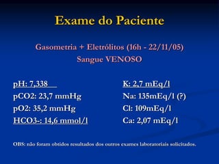 Exame do Paciente
Gasometria + Eletrólitos (16h - 22/11/05)
Sangue VENOSO
pH: 7,338 K: 2,7 mEq/l
pCO2: 23,7 mmHg Na: 135mEq/l (?)
pO2: 35,2 mmHg Cl: 109mEq/l
HCO3-: 14,6 mmol/l Ca: 2,07 mEq/l
OBS: não foram obtidos resultados dos outros exames laboratoriais solicitados.
 