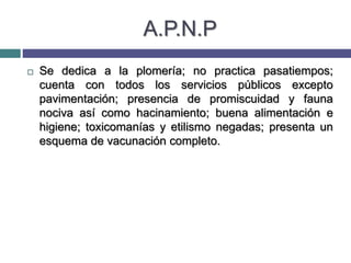 A.P.N.P
 Se dedica a la plomería; no practica pasatiempos;
cuenta con todos los servicios públicos excepto
pavimentación; presencia de promiscuidad y fauna
nociva así como hacinamiento; buena alimentación e
higiene; toxicomanías y etilismo negadas; presenta un
esquema de vacunación completo.
 