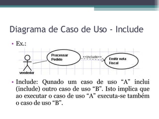 Diagrama de Caso de Uso - Include Ex.:  Include: Qunado um caso de uso “A” inclui (include) outro caso de uso “B”. Isto implica que ao executar o caso de uso “A” executa-se também o caso de uso “B”.  