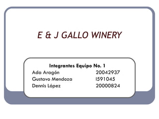 E & J GALLO WINERY Integrantes Equipo No. 1 Ada Aragón 20042937 Gustavo Mendoza I591045 Dennis López 20000824 