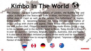 12
The Chelsea Club and Euphorium Bakery of London, the Buddha Bar and
Alsace in Paris and the Teatro alla Scala in Milan, the historic “Gran Caffè”
coffee shop in Capri as well as the famous “La Caffettiera” in Naples.
Kimbo coffee is becoming famous for being the exclusive coffee of
unique places with charm and appeal. There is also the collaboration with
the well known chef, Filippo La Mantia who has made Kimbo coffee a star
in his restaurant and in the Majestic hotel in Rome. Today Kimbo is present
in over 40 countries: Germany, Belgium, Canada, Australia, USA and Russia.
It is also one of the most imitated products in the world and for this reason
Kimbo wants to learn how to recognize the original: “espresso coffee with
flavour of Made in Italy”.
Kimbo In The World
 