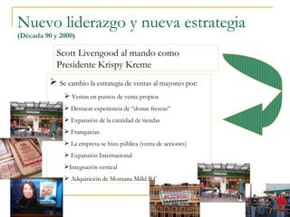 Nuevo liderazgo y nueva estrategia  (Década 90 y 2000) Scott Livengood al mando como Presidente Krispy Kreme Se cambio la estrategia de ventas al mayoreo por: Ventas en puntos de venta propios Destacar experiencia de “donas frescas” Expansión de la cantidad de tiendas Franquicias La empresa se hizo pública (venta de acciones) Expansión Internacional Integración vertical  Adquisición de Montana Milld B.C. 